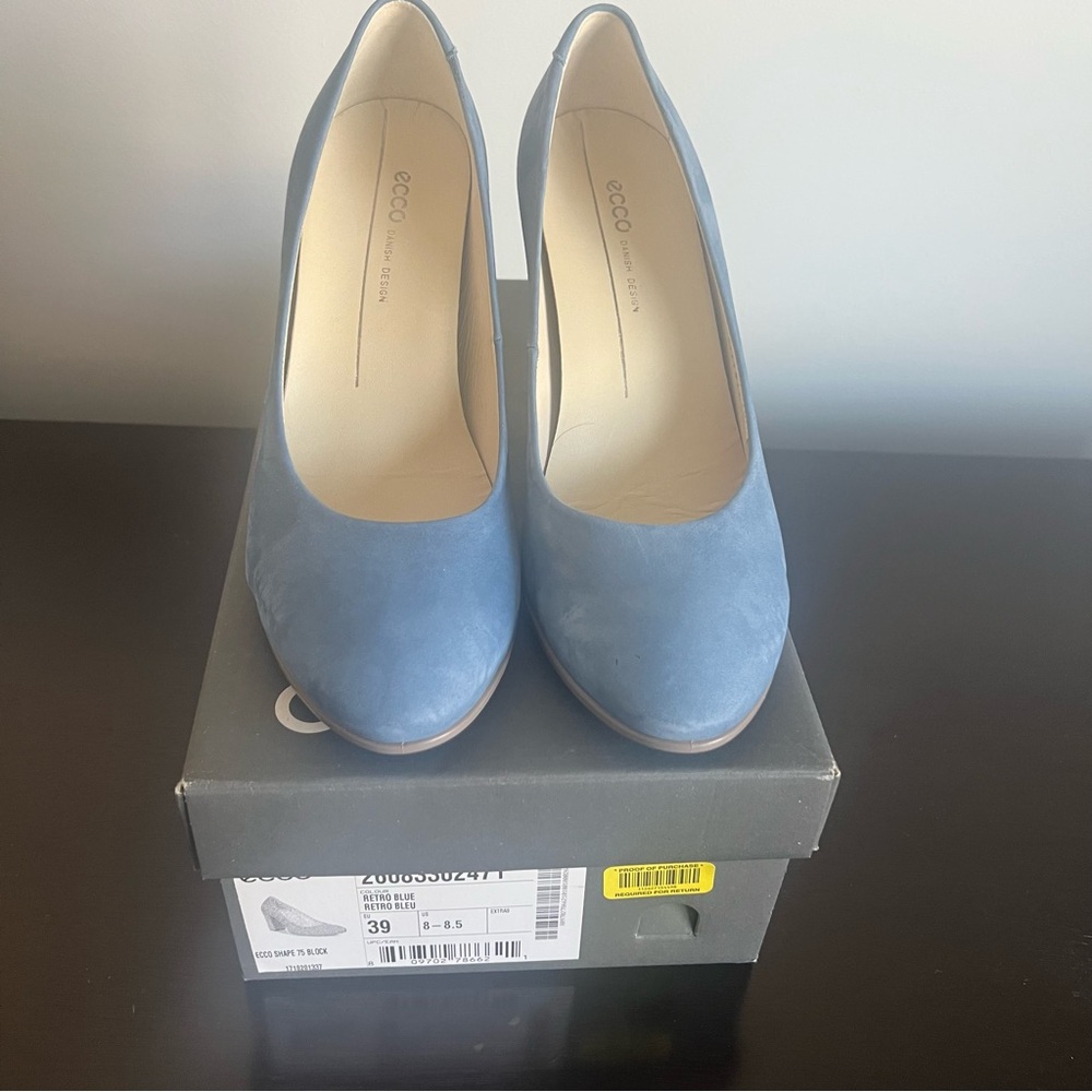 ECCO Shape 75 Retro Blue Nubuck Suede Block Heel Pumps Comfort Career Shoes 39